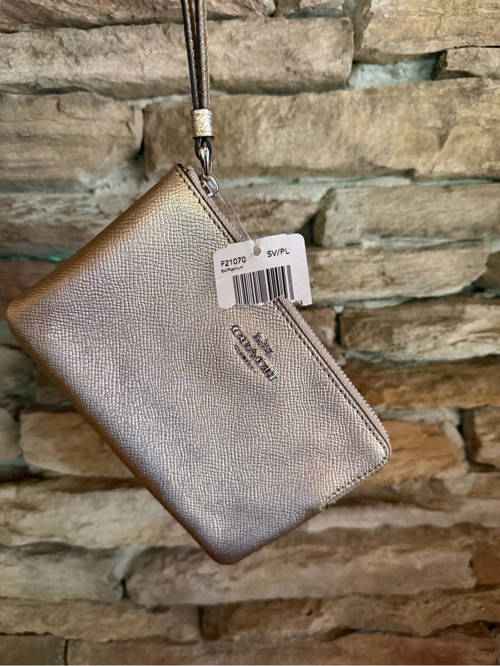 Coach NWT Metallic Silver Pink Trim Wristlet Clutch Wallet Phone Bag